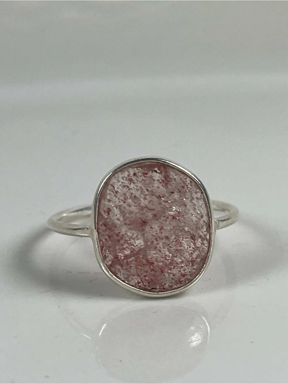 Solid Sterling Silver 925 Strawberry Quartz Gemstone Flat Stacker Ring Size 9